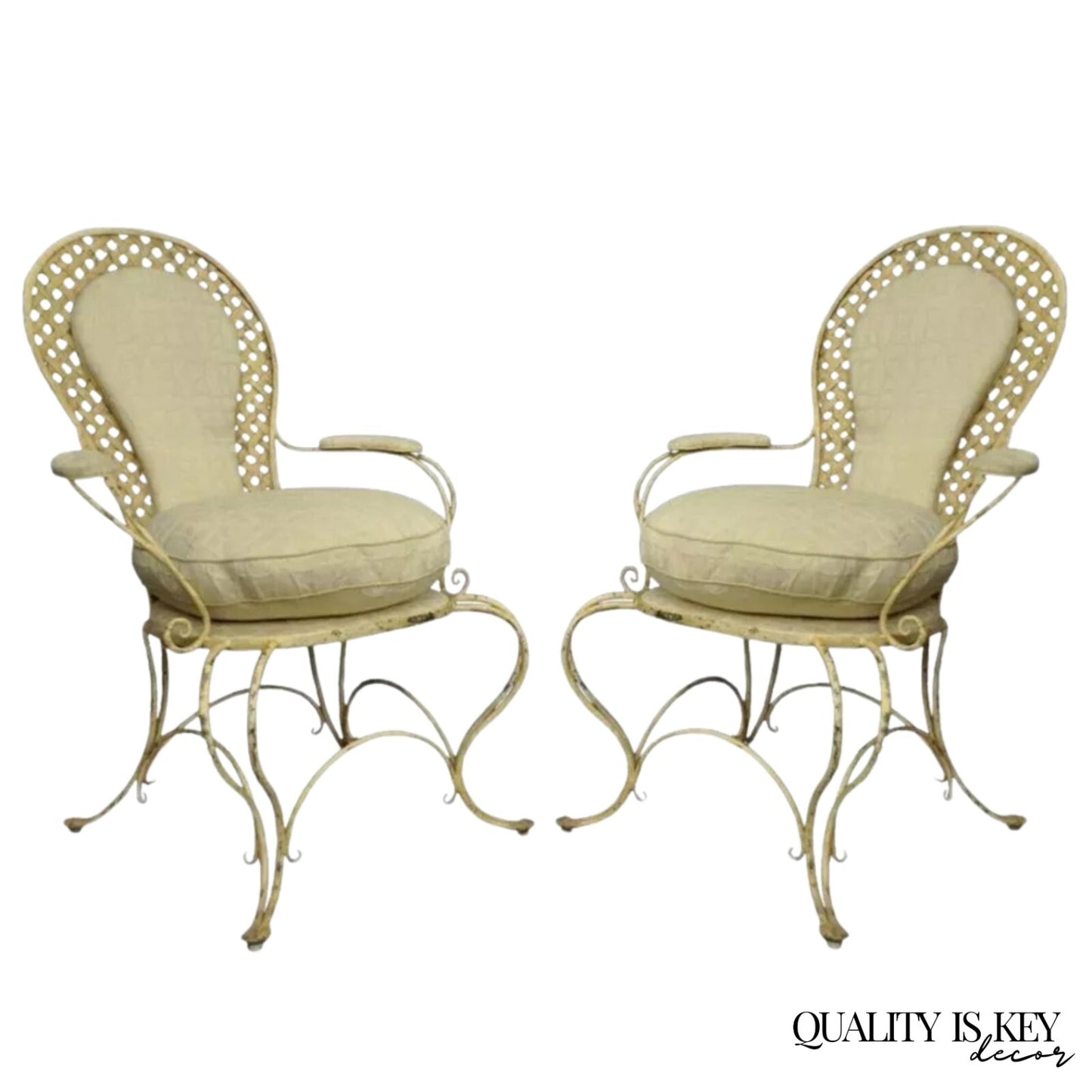 Vintage French Country Wrought Iron Lattice Scrolling Arm Chairs (B) - Pair