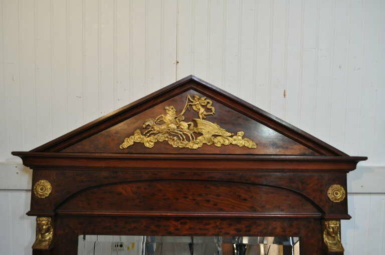 Antique French Empire Style Bronze Ormolu Burl Wood Large Trumeau Pier Mirror