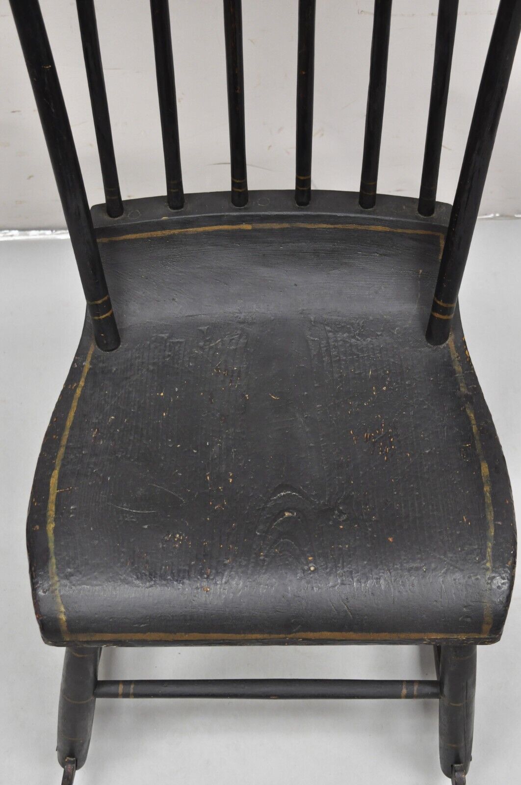 Antique Colonial Stencil Back Black Painted Plank Bottom Rocker Rocking Chair