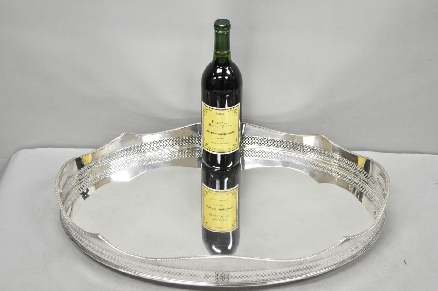 Antique English Edwardian Silver Plated Scalloped Oval Butlers Serving Bar Tray