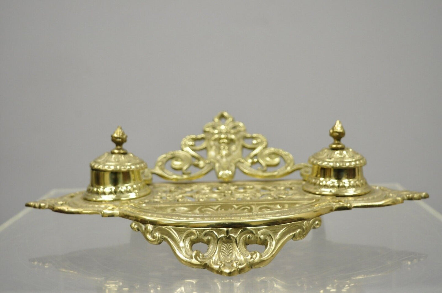 Vintage Brass Lion Head Italian Victorian Empire Double Pen Inkwell