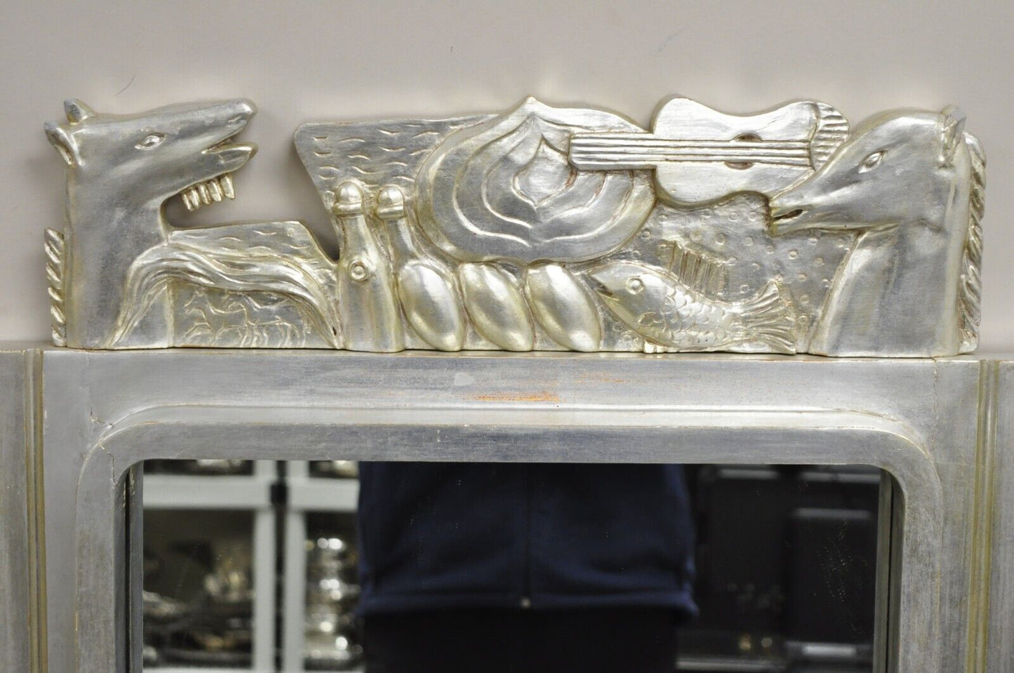 Vintage Italian Modern Figural Relief Carved Silver Leaf Wall Mirrors - a Pair