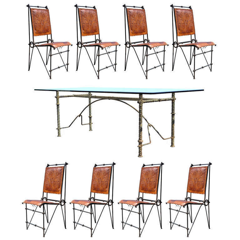 Brutalist Ilana Goor Style Iron & Glass Dining Set, Table & 8 Leather Chairs
