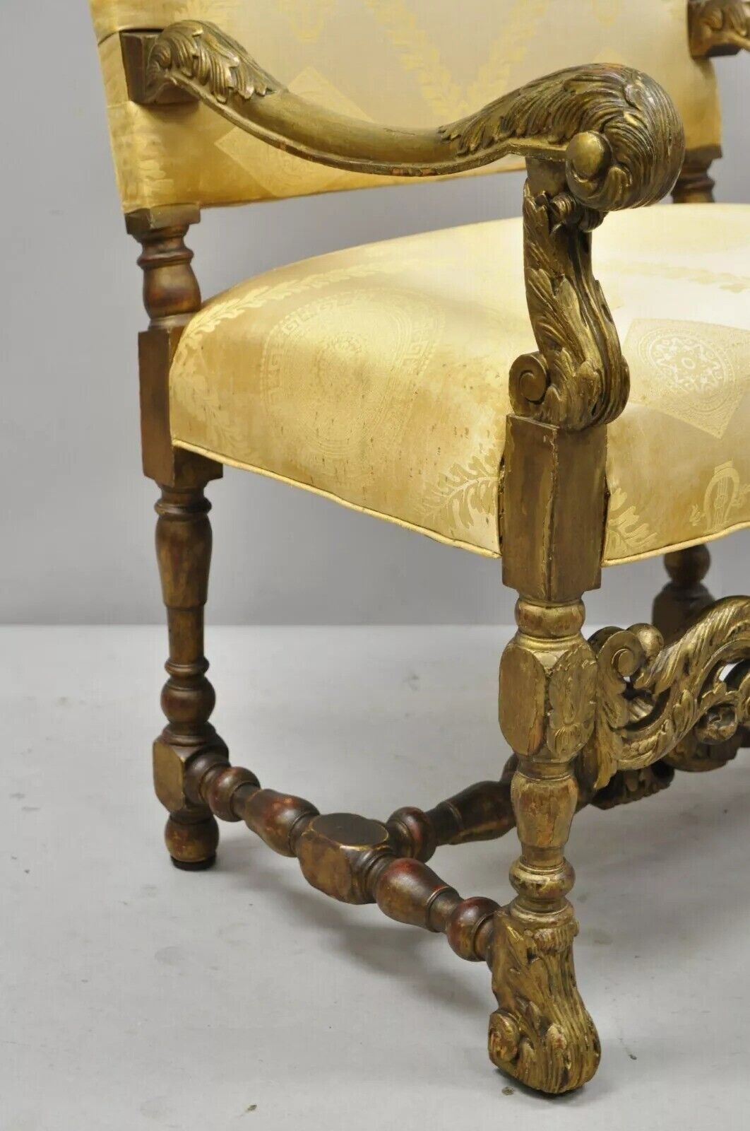 Antique Italian Renaissance Carved Walnut Jacobean Gold Upholstered Arm Chair