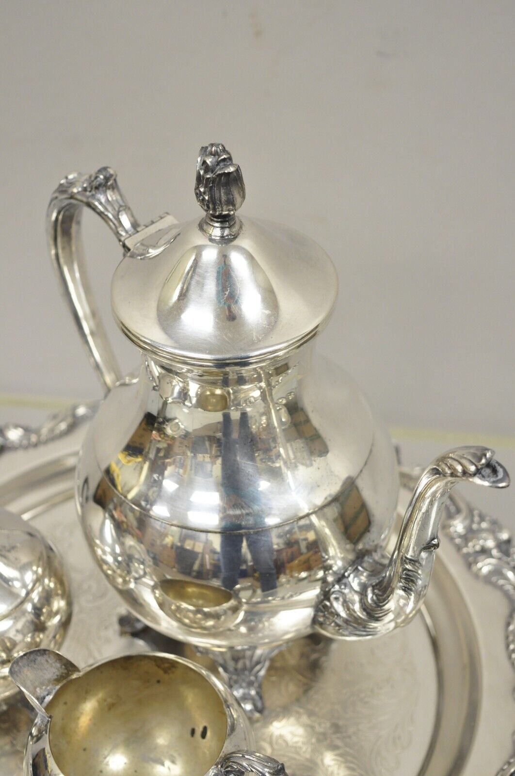 Vintage Silver Plate FB Rogers Tea Set Amston Round Serving Tray Platter