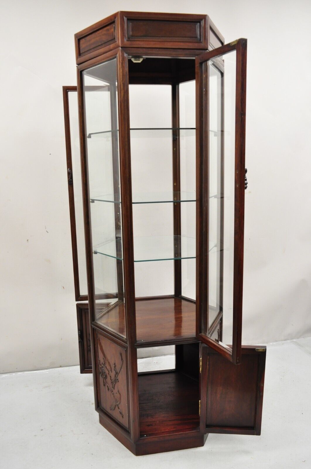 Vtg Oriental Chinoiserie Asian Mahogany Hexagonal Lighted Display Curio Cabinet
