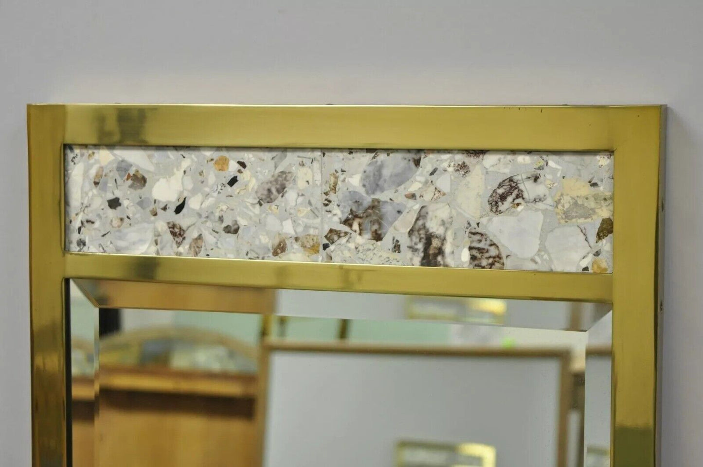 Vintage JL Metz Tomlinson Modern Brass Frame Marble Inlay 65" Tall Narrow Mirror