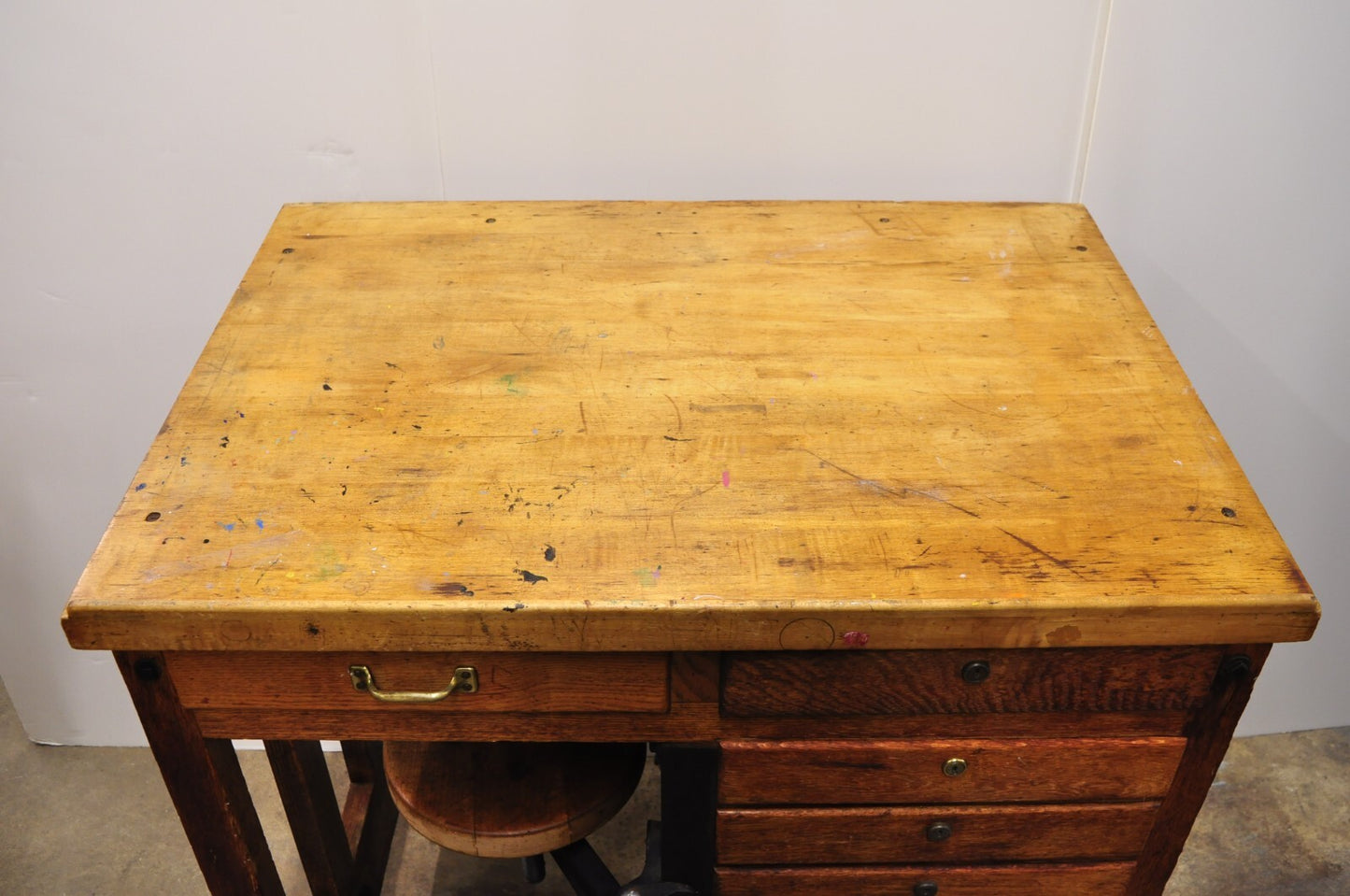 Antique Arts & Crafts Oak Jewelers Workbench Desk Drafting Table w/ Swivel Stool