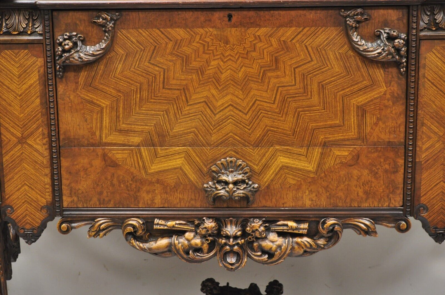 French Renaissance Louis XV Style Figural Carved Walnut Curio Display Buffet
