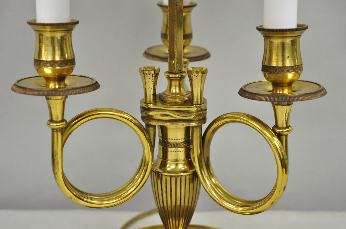 French Country Empire Brass Trumpet Arm Red Tole Shade Bouillotte Desk Lamp