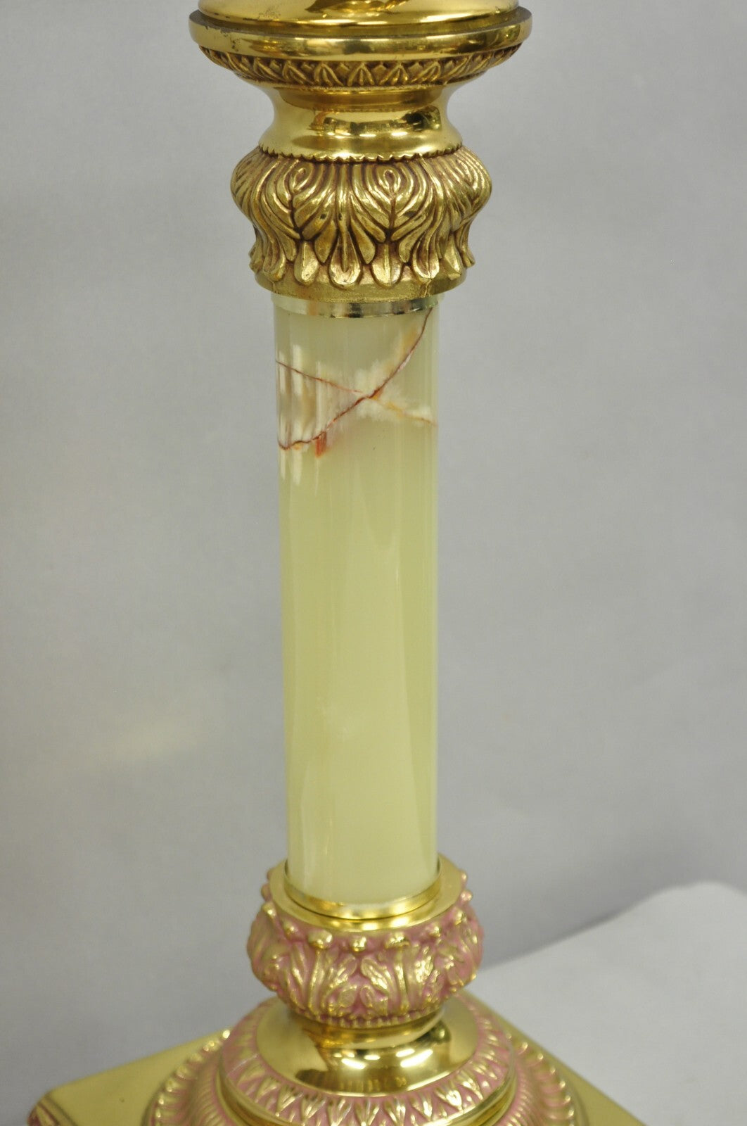 Vintage Hollywood Regency Brass Empire Column Green Pink Gold Table Lamps - Pair