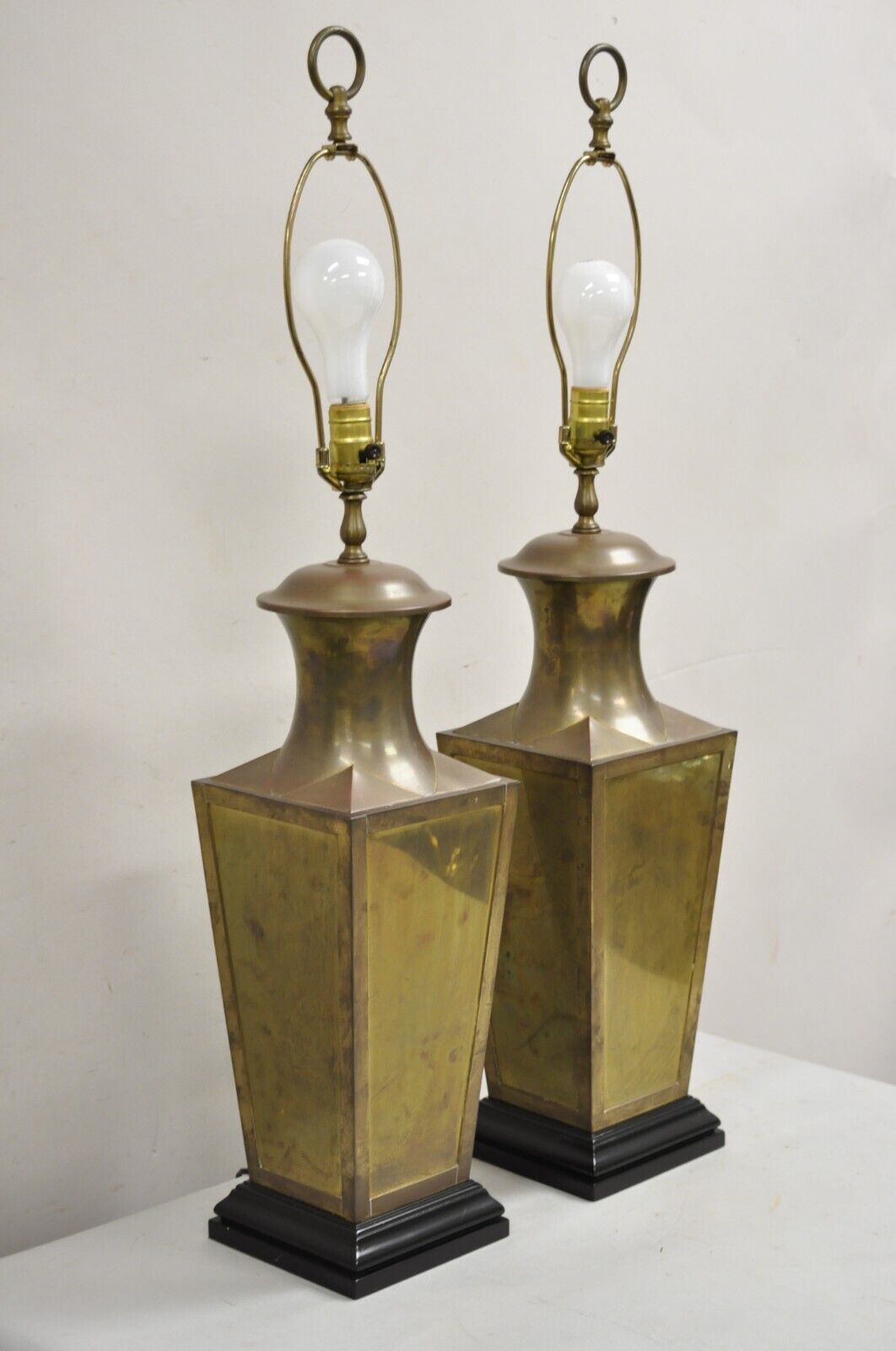 Chinoiserie Patinated Brass Square Jardiniere Table Lamp by Wildwood - a Pair