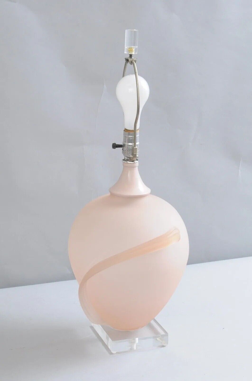 Hollywood Regency Pink Satin Frosted Glass Table Lamps w/ Lucite Base - a Pair