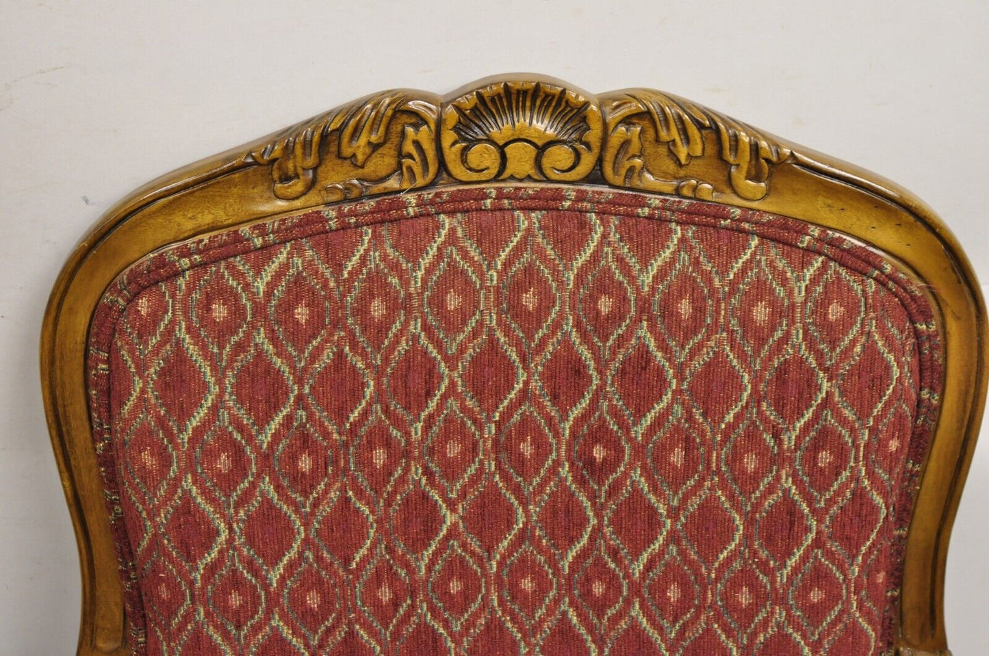 French Country Style Shell Carved Wood Burgundy Upholstered Lounge Chairs - Pair