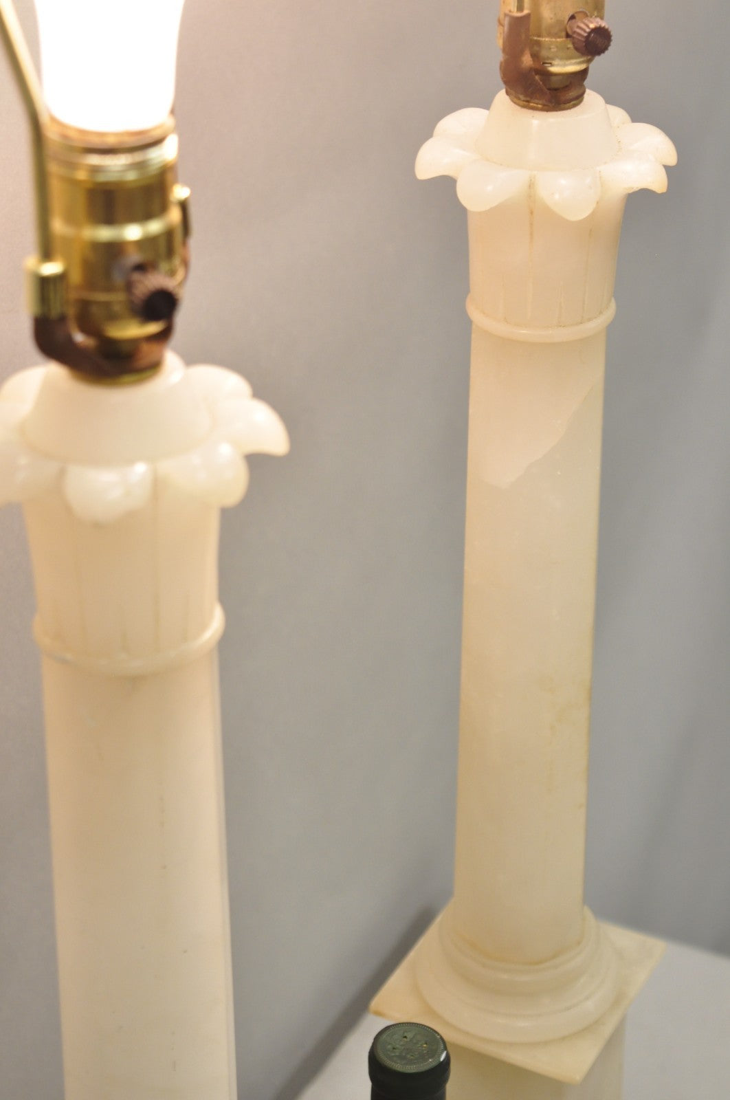 Vintage French Empire Italian Carved Alabaster Column Table Lamps - a Pair