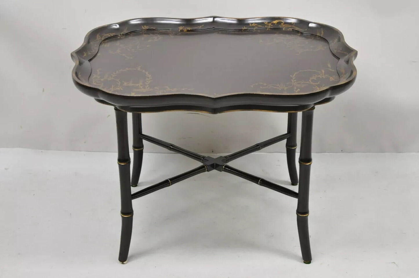 Chinoiserie Faux Bamboo Brown Lacquer Scallop Tray Top Coffee Cocktail Table