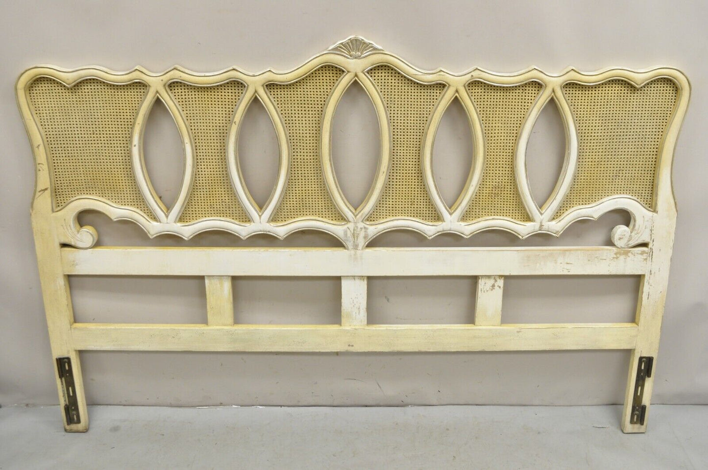 Vintage French Provincial Hollywood Regency Cream Painted Cane King Headboard