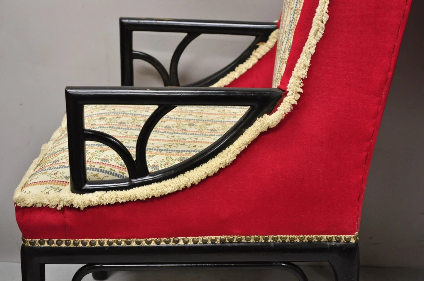 Vintage Chinoiserie James Mont Style Black Fretwork Lounge Arm Chairs - a Pair