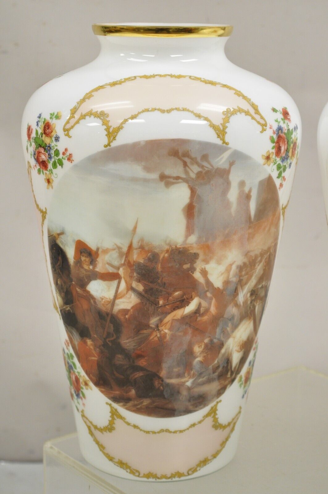 Vintage French Style Large White Blown Glass Transfer Scene Jar Vases - a Pair