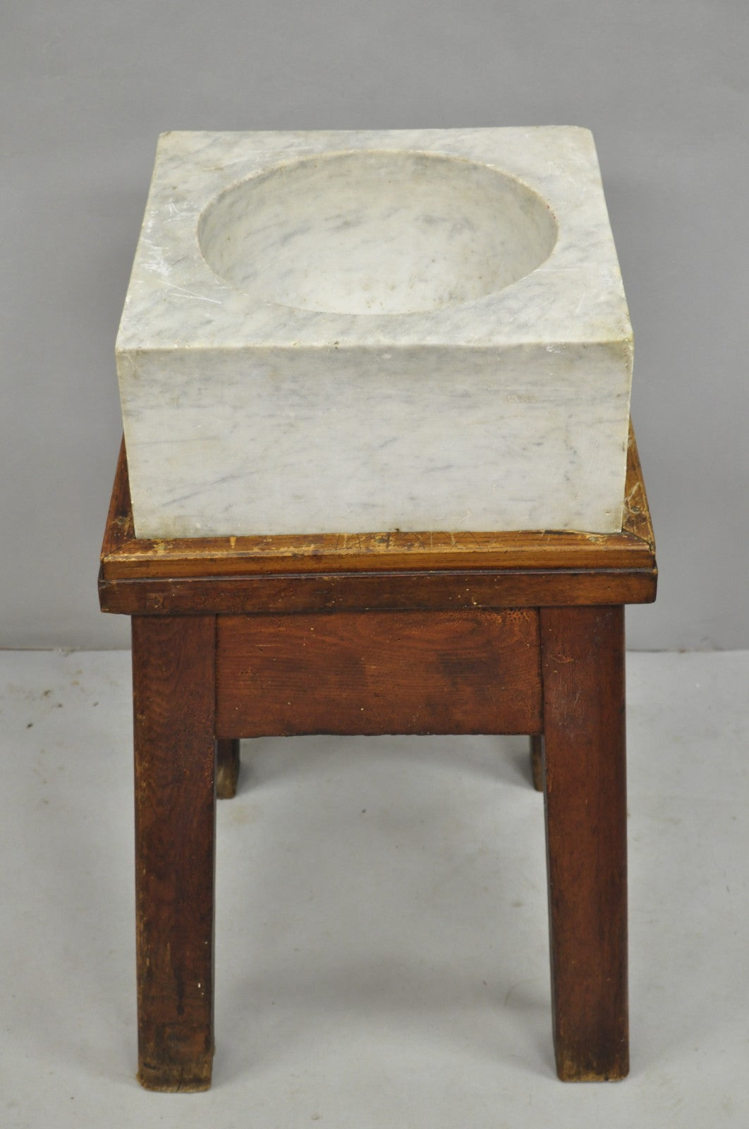 Antique French Country Primitive Carved Marble Mortar and Pestle on Wood Base
