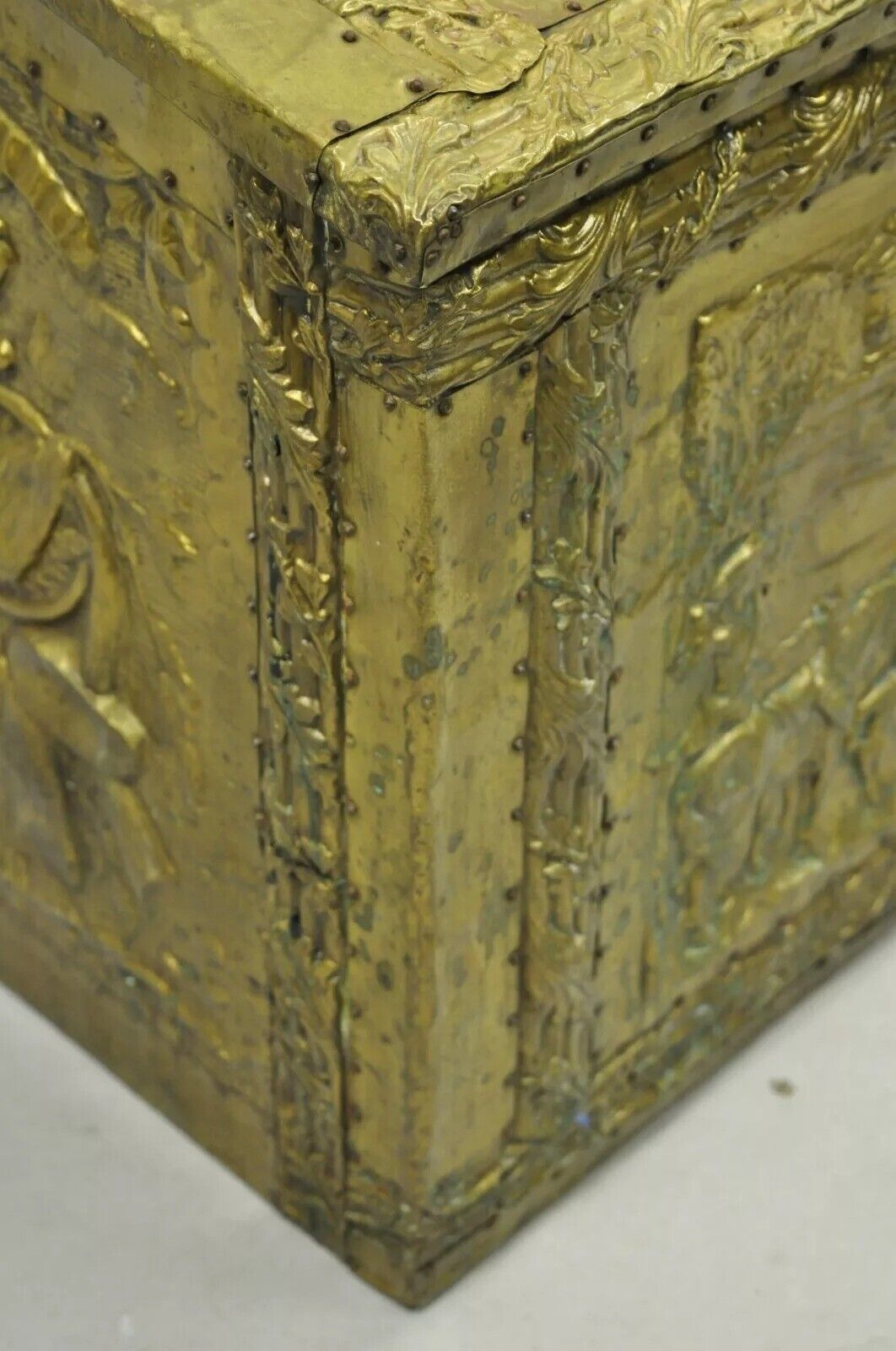 Antique Victorian Embossed Brass Fireplace Log Box Coal Box with Country Scenes