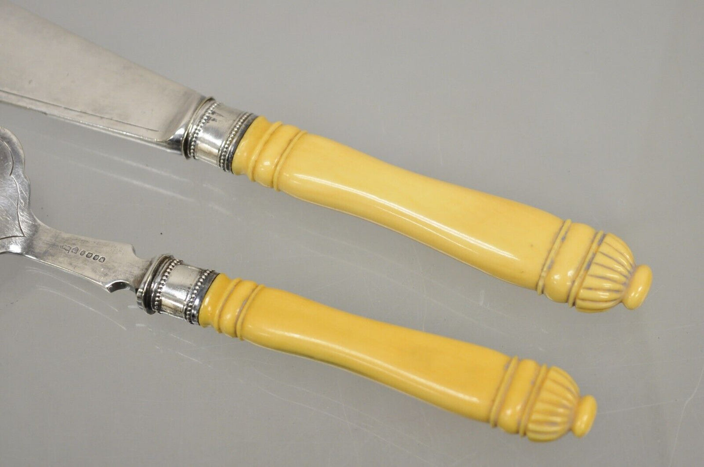 Antique English Victorian Floral Engraved Fish Knife & Fork Set Celluloid Handle