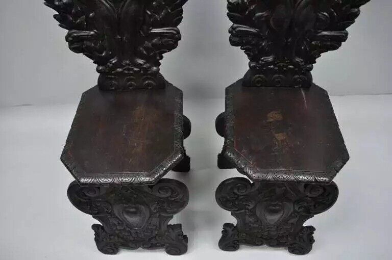 18th C. Italian Renaissance Lion Carved Walnut Sgabello Hall Chairs - a Pair