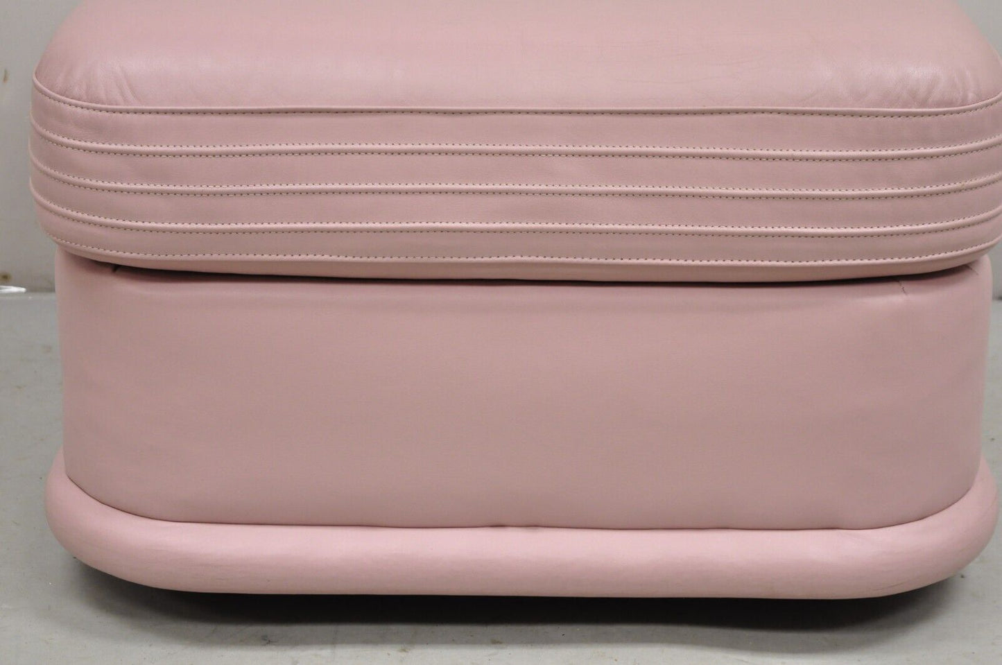 Vintage Post Modern Emerson Leather Bubblegum Pink Stitched Square Ottoman Stool