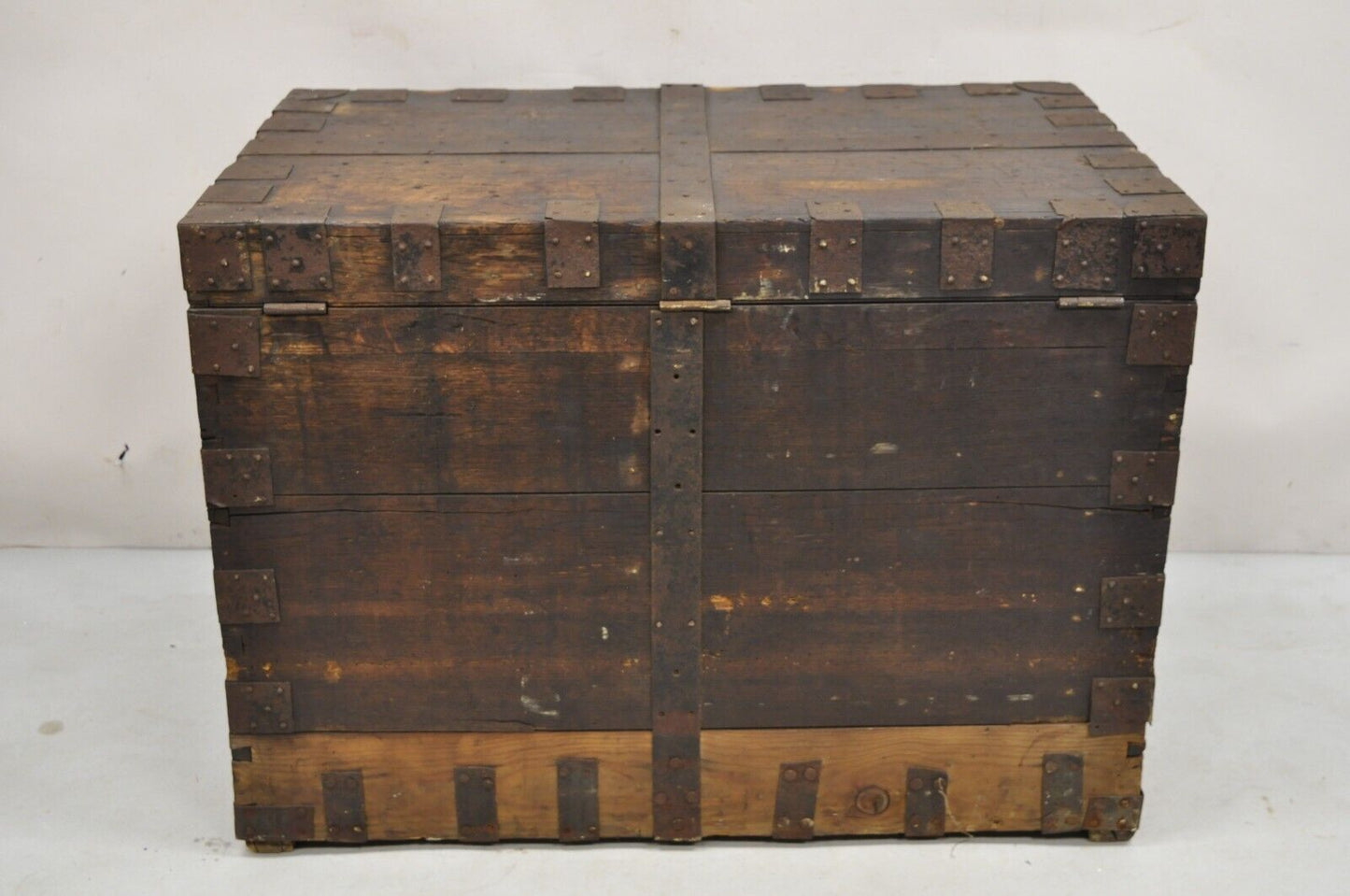 19th C. English Oak Wood and Steel Banded Safe Storage Cabinet Chest Trunk