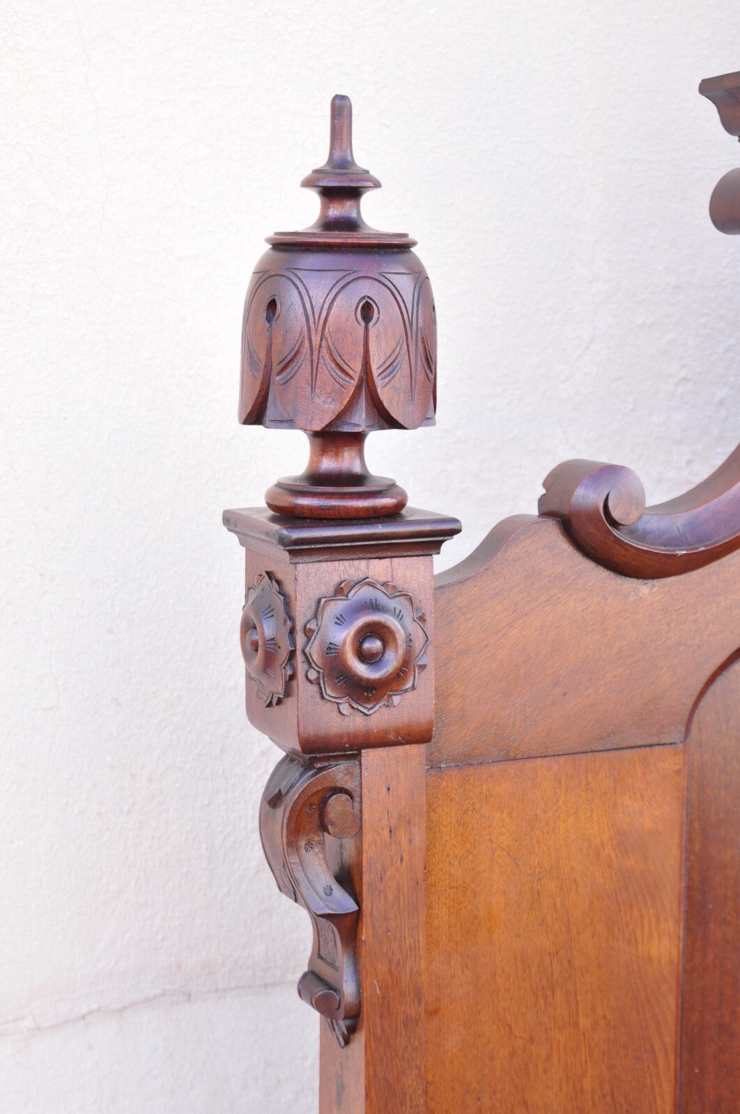 Antique Eastlake Victorian Stately Carved Walnut Highback Full Size Bed Frame