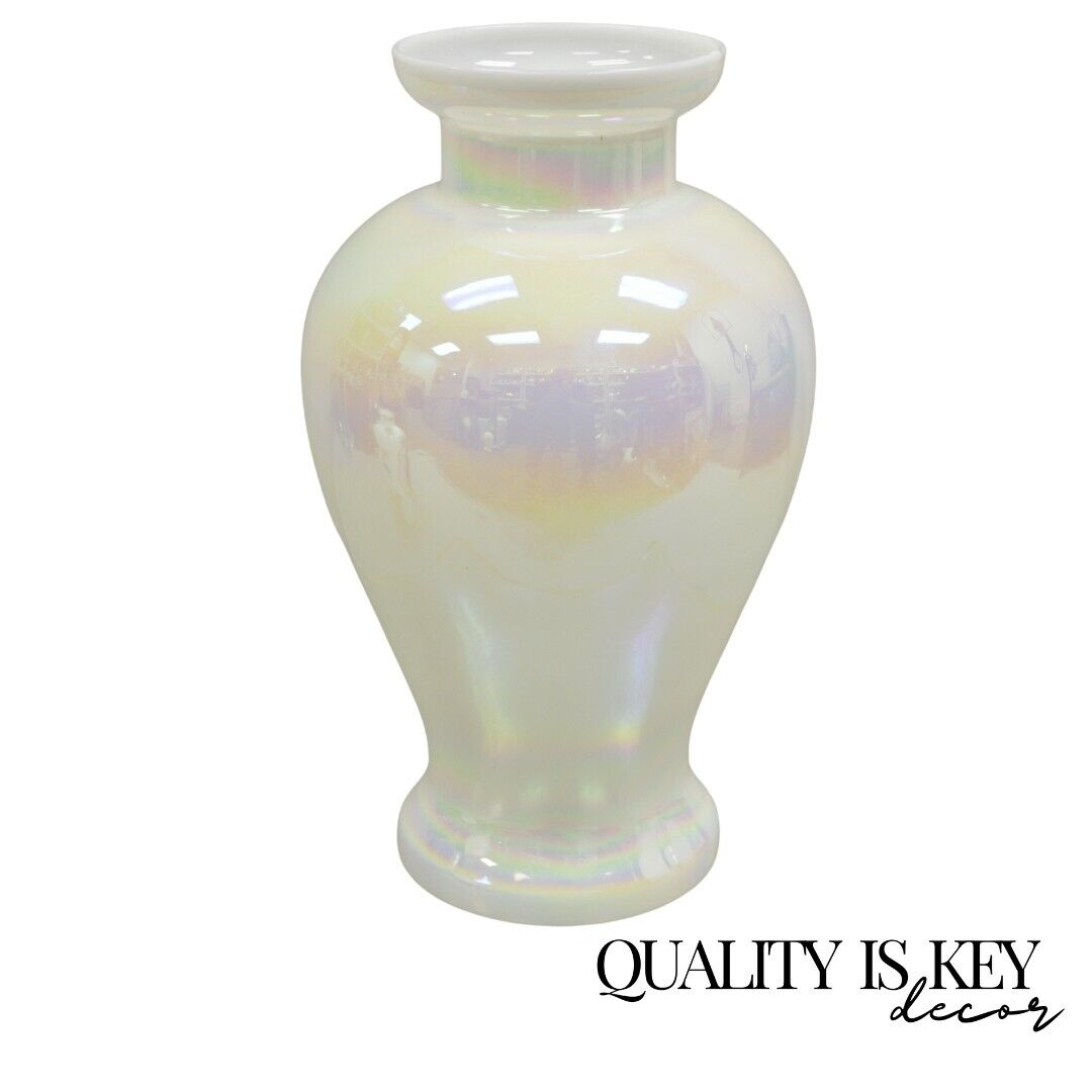 Vintage Pearlescent Opalescent White Iridescent Hand Blown Art Glass Flower Vase