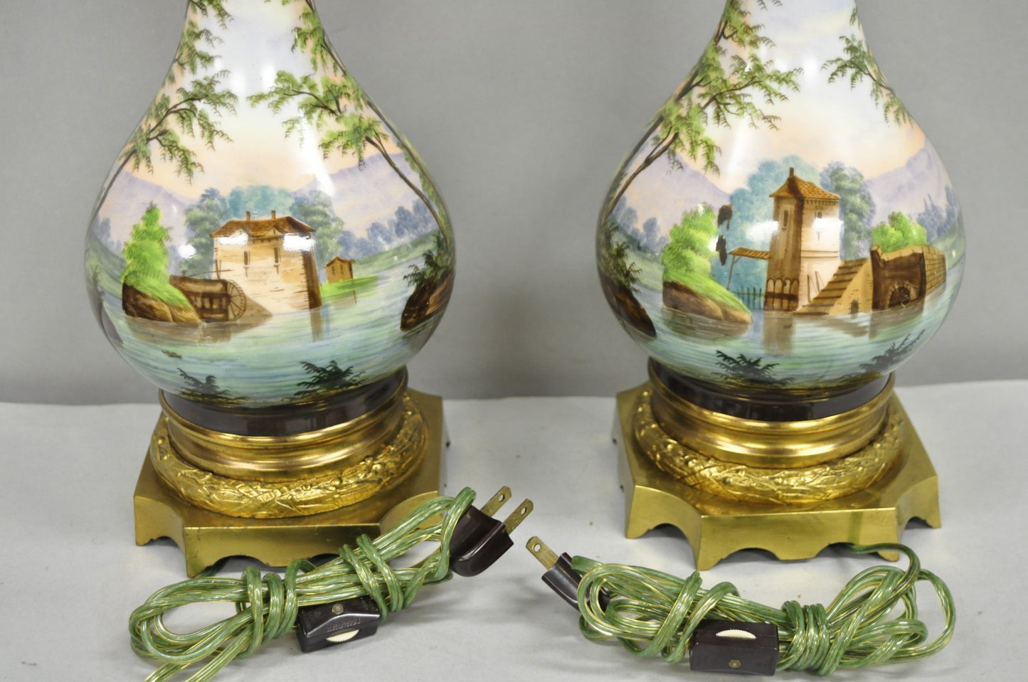 Antique French Napolean III Hand Painted Porcelain Oil Lamp Table Lamps - a Pair