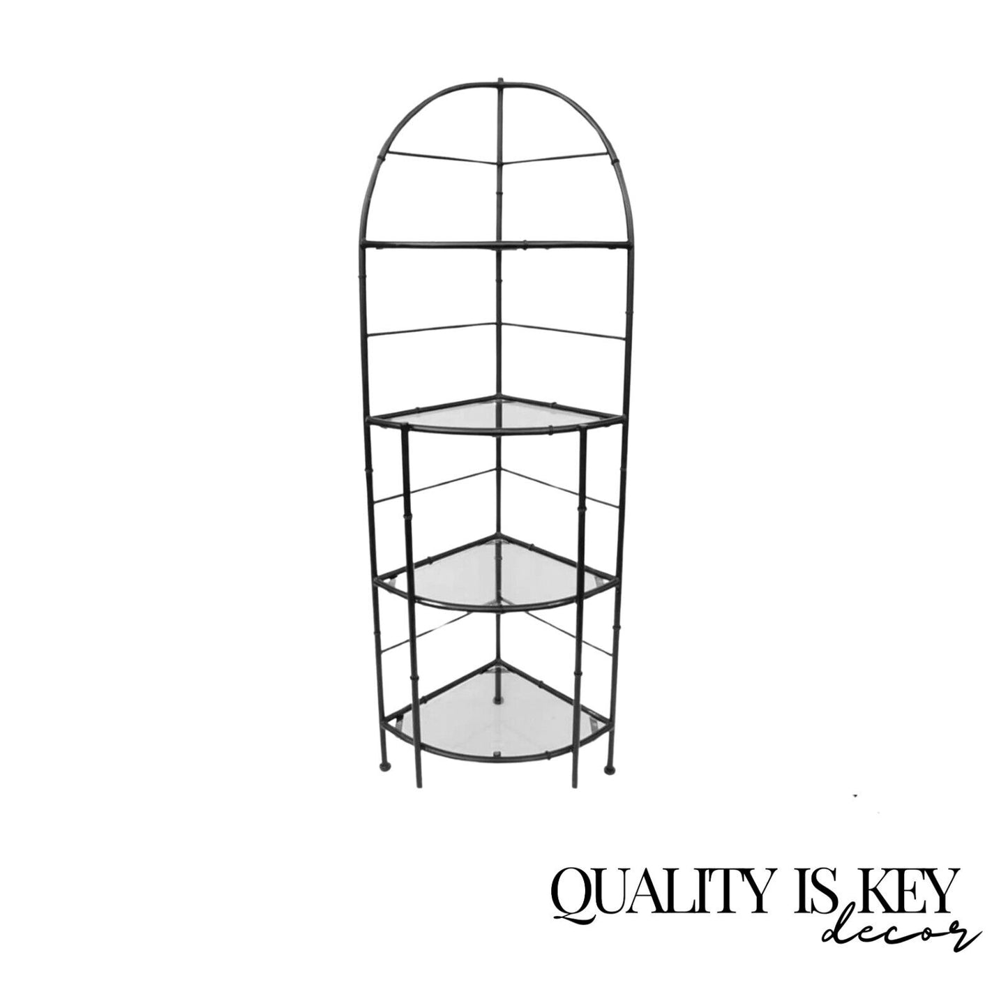 Vintage Hollywood Regency Iron Metal Faux Bamboo Corner Bakers Rack Etagere