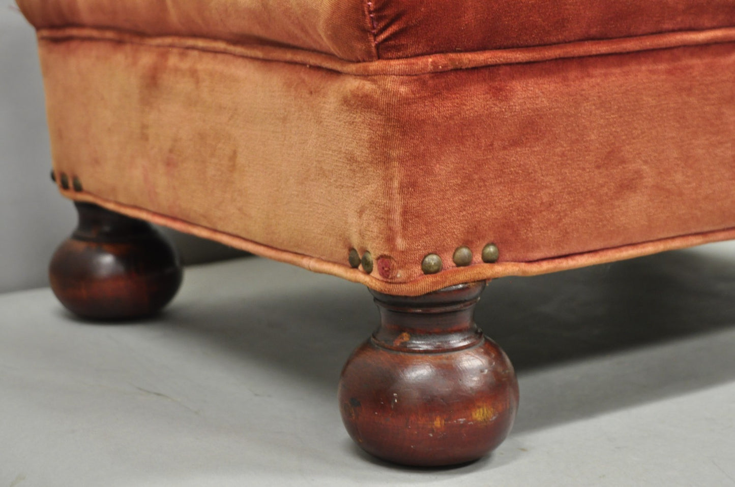 Vintage Jacobean William & Mary Walnut Bun Feet Upholstered Ottoman Footstool