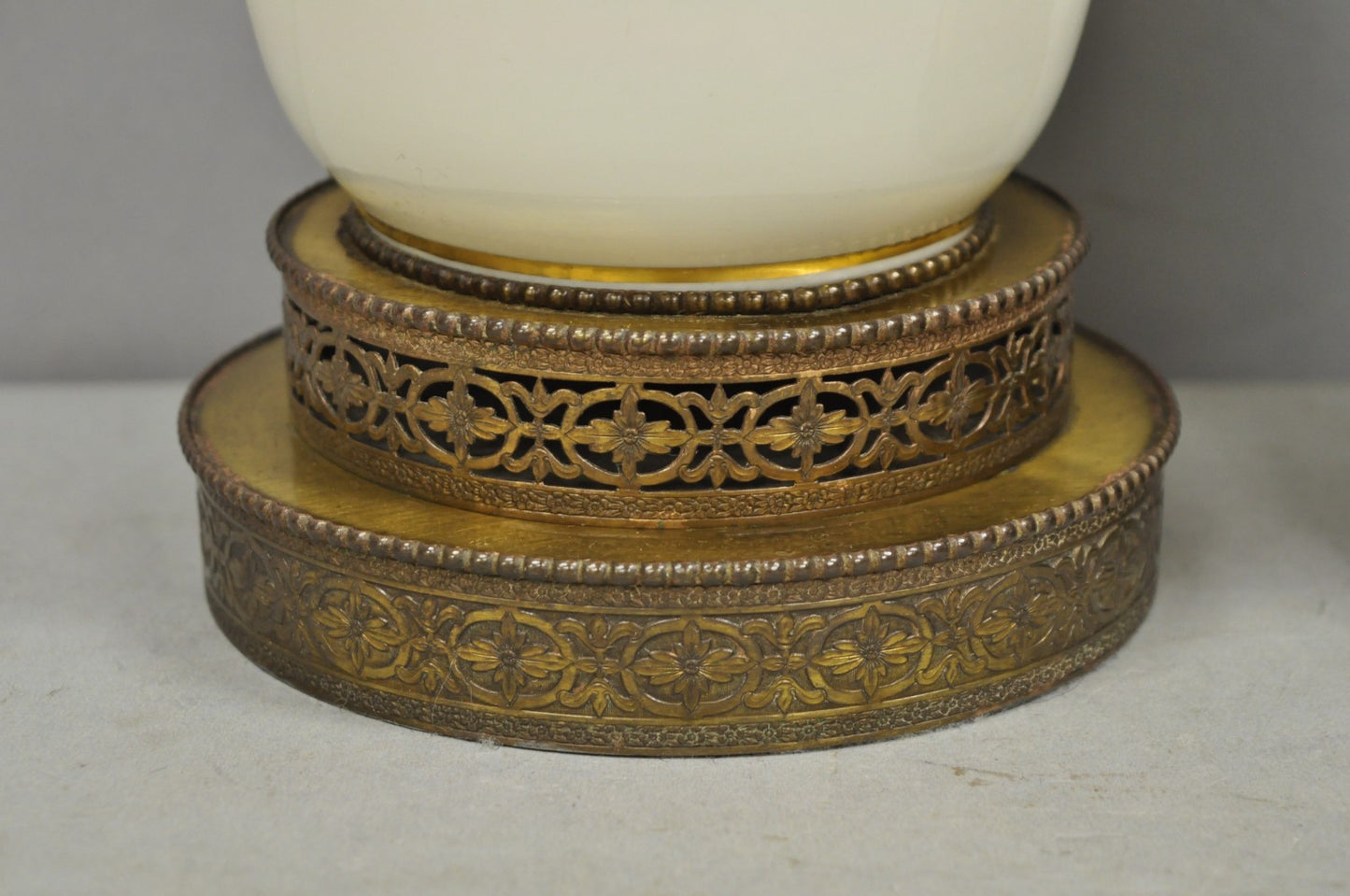 Vintage Victorian Cream & Gold Gilt Porcelain Table Lamps attr Lenox - a Pair
