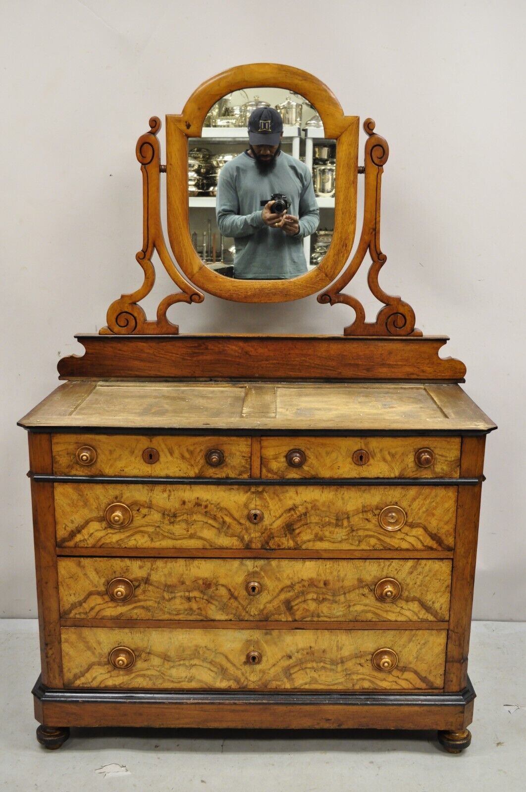 Antique Biedermeier Louis Philippe Burl Walnut Chest Dresser with Mirror