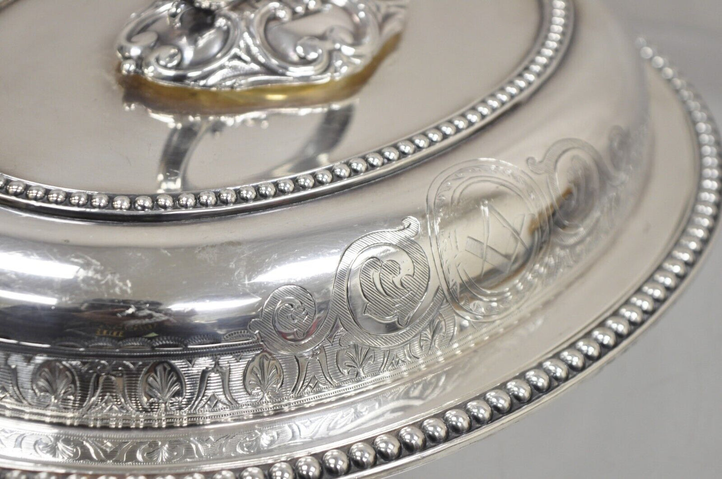 Antique English Victorian Scrollwork Engraved Covered Vegetable Serving Dish