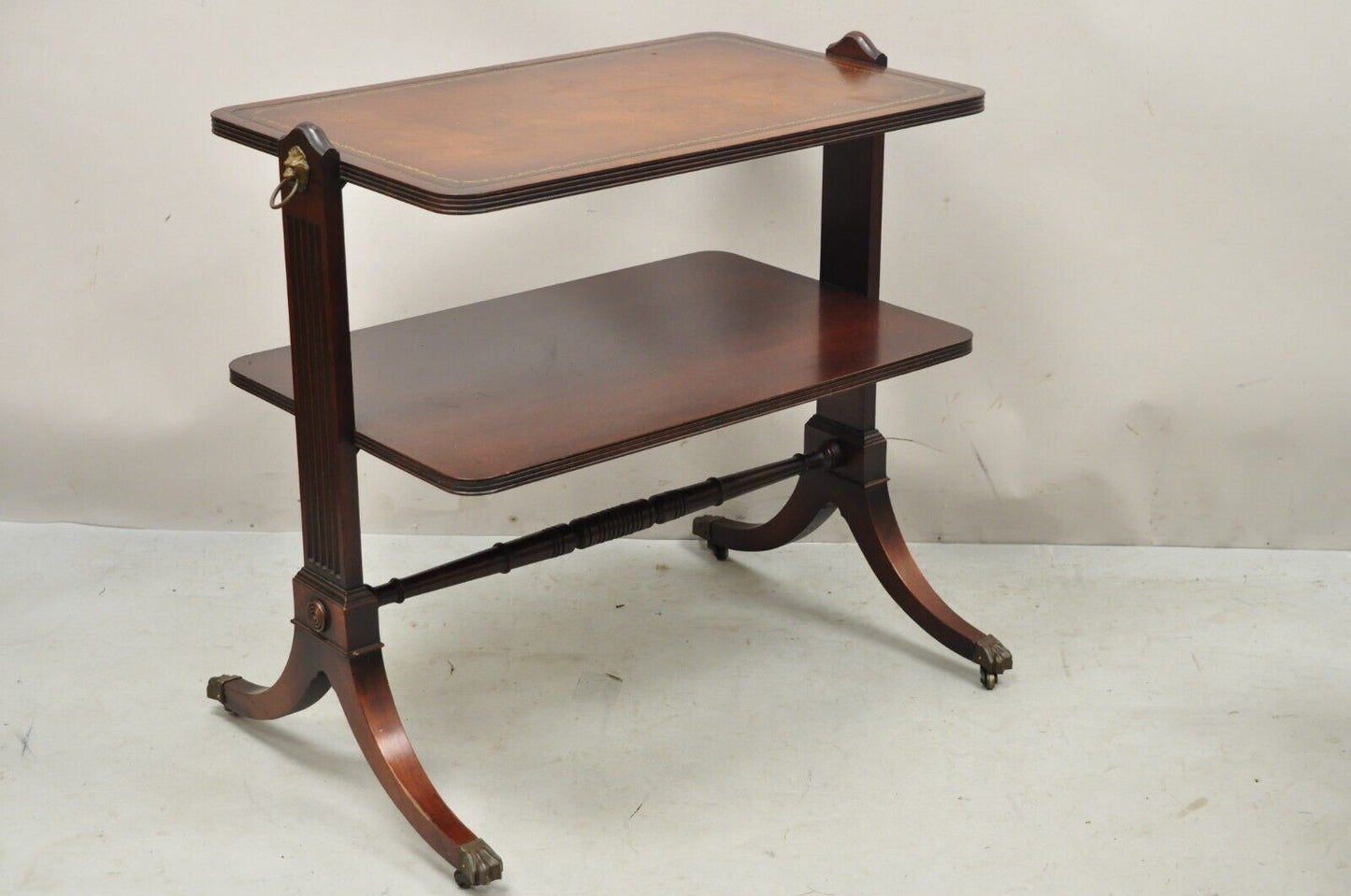 Vintage Mahogany 2 Tier Brown Tooled Leather Top Accent Side End Table