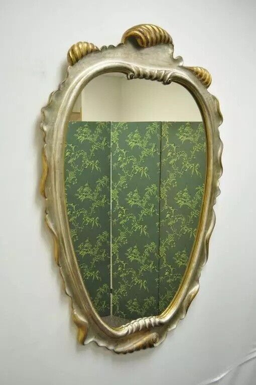 Italian Hollywood Regency Gold and Silver Giltwood Scroll Carved Wall Mirror