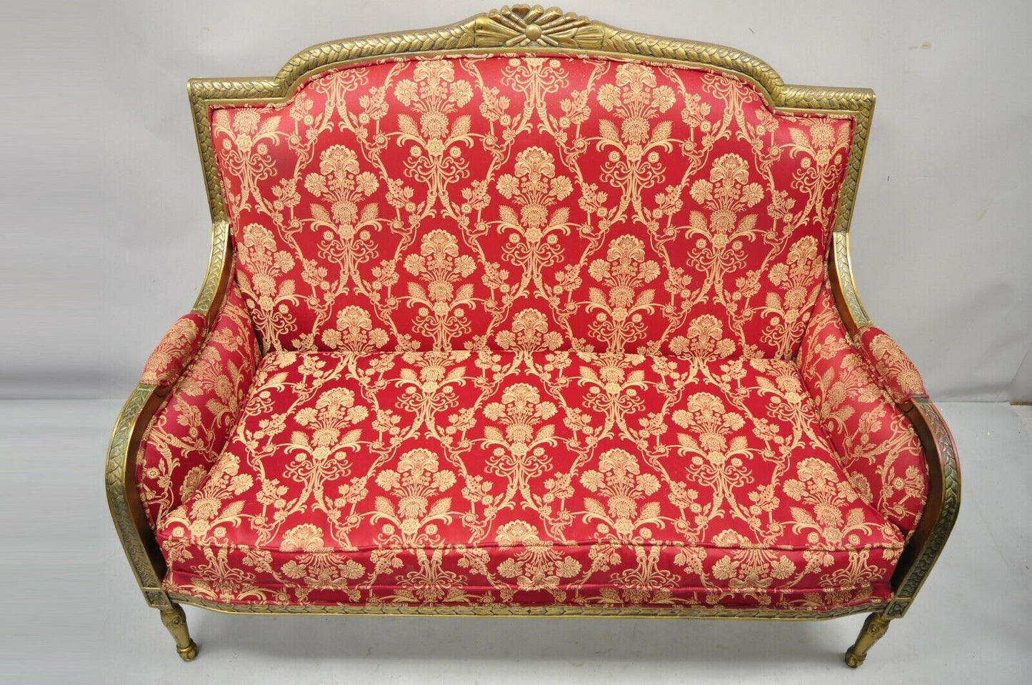 French Louis XVI Style Gold Red Upholstered Settee Sofa Loveseat Decorator Chair