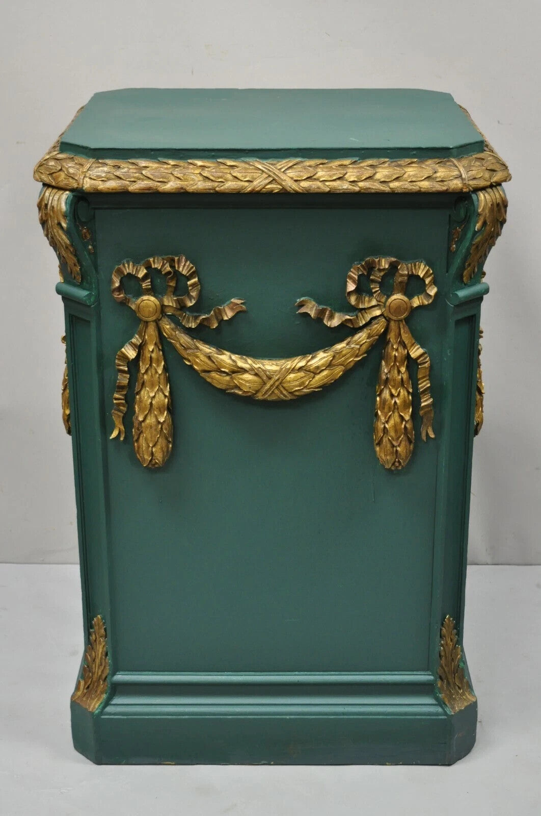 Vintage French Louis XVI Style Green Gold Carved Wood 39" Column Pedestal Stand