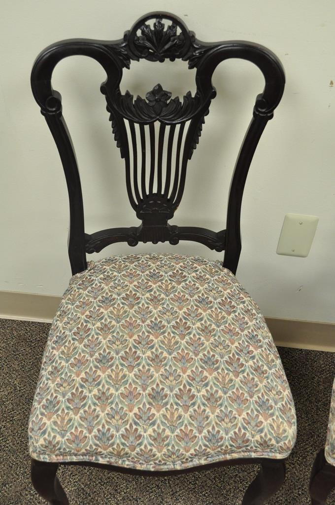 Antique Victorian Carved Mahogany Lyre Back Small Accent Side Chairs - a Pair