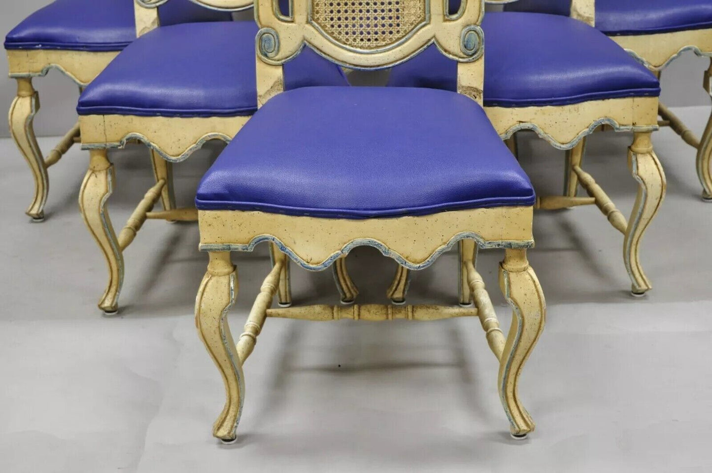 Vintage French Hollywood Regency Cane Pretzel Back Cream Dining Chair - Set of 6