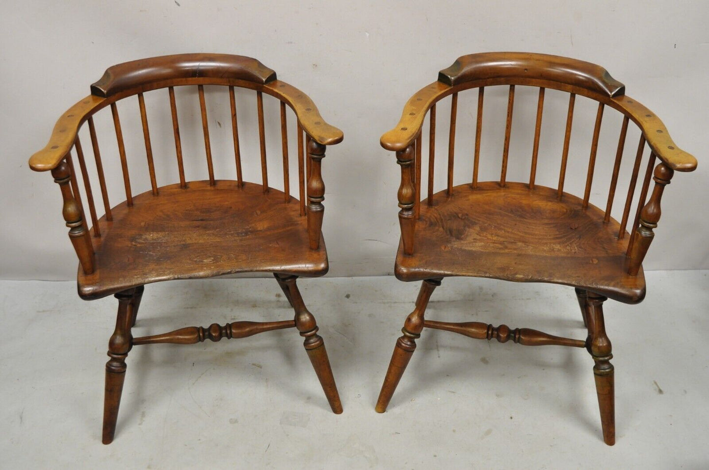 Antique Windsor Colonial Style Pine Wood Spindle Pub Arm Chairs - a Pair