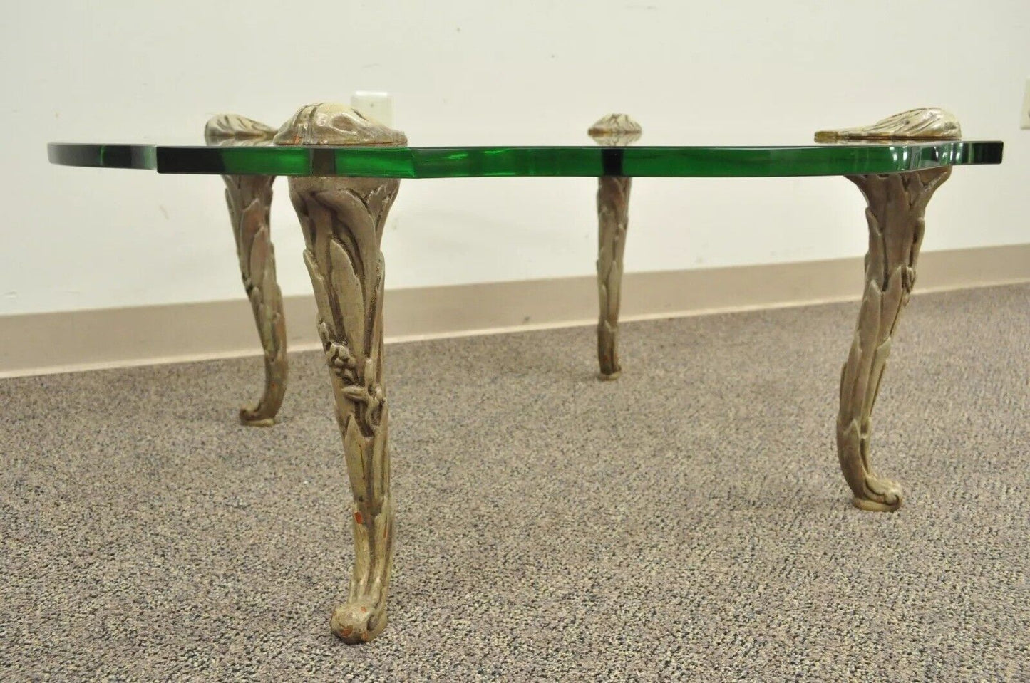 Vintage Hollywood Regency Carved Wood Faux Bois Legs Glass Top Coffee Table