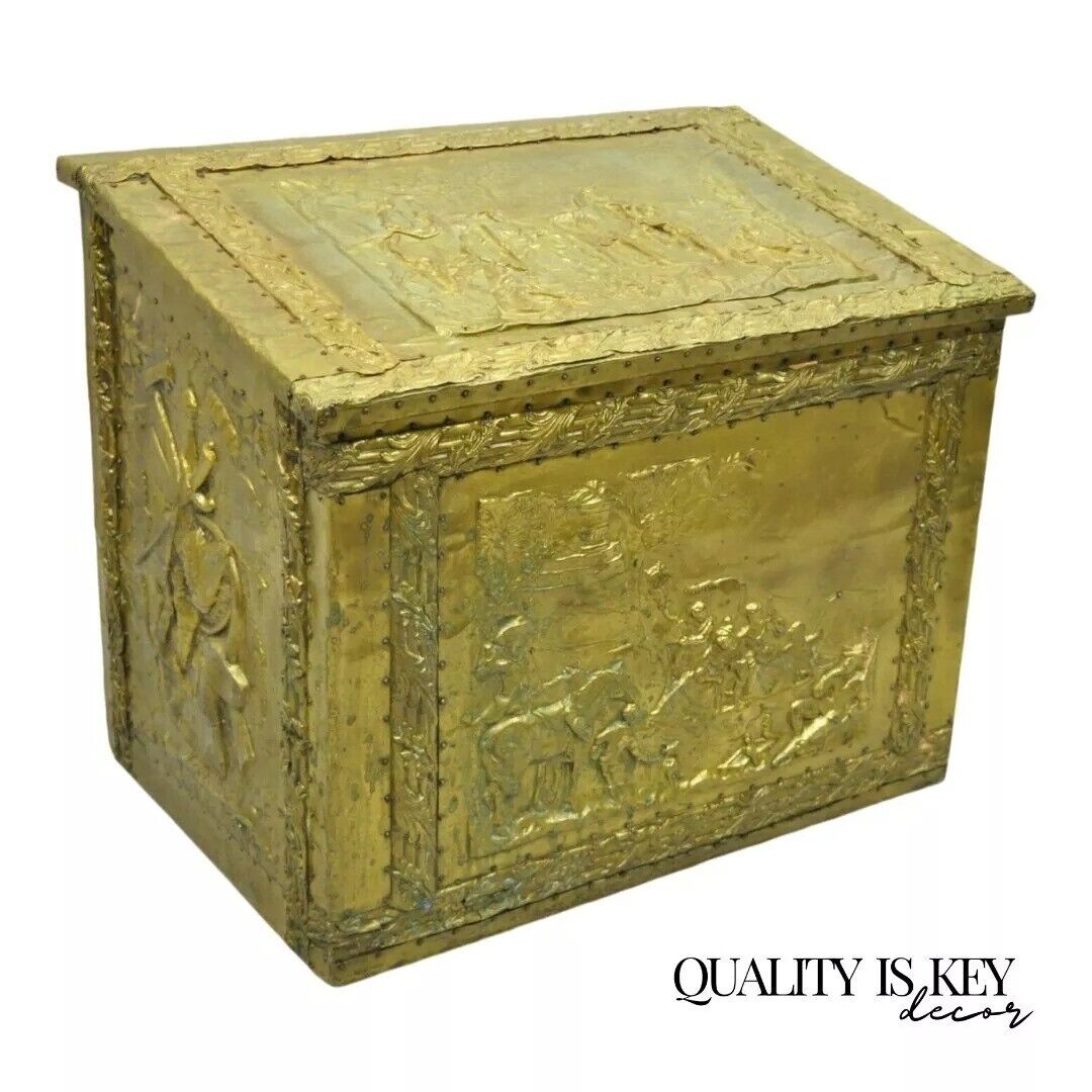 Antique Victorian Embossed Brass Fireplace Log Box Coal Box with Country Scenes
