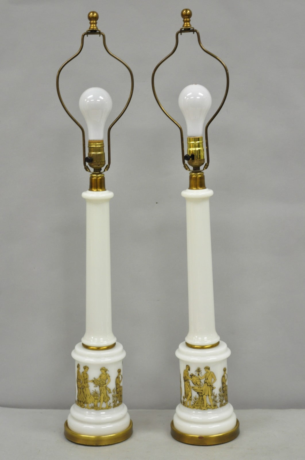 Vintage Italian Neoclassical White Milk Glass Empire Column Table Lamps - a Pair