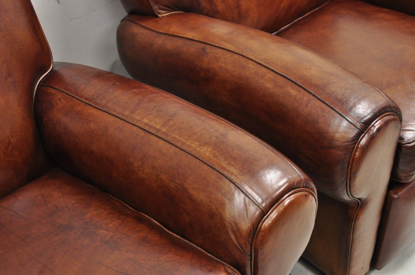 Pottery Barn Manhattan Brown Leather Recliner Art Deco Club Chairs - a Pair