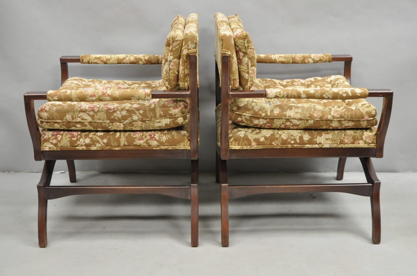 Vintage Hollywood Regency Curule Wooden X-Frame Lounge Arm Chairs - a Pair