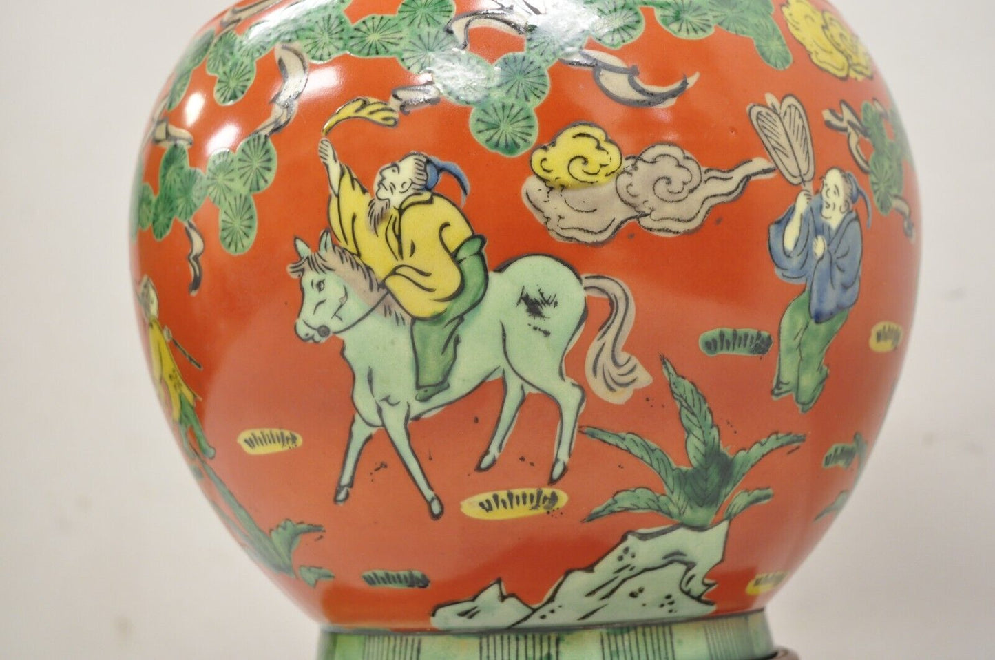 Vintage Chinoiserie Bulbous Porcelain Vase Oriental Figural Painted Table Lamp